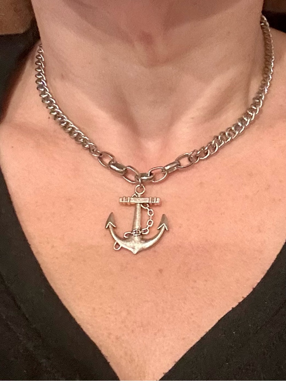 Upcycled Silver Tone Anchor Pendant Choker Necklace | Nautical Statement Chain
